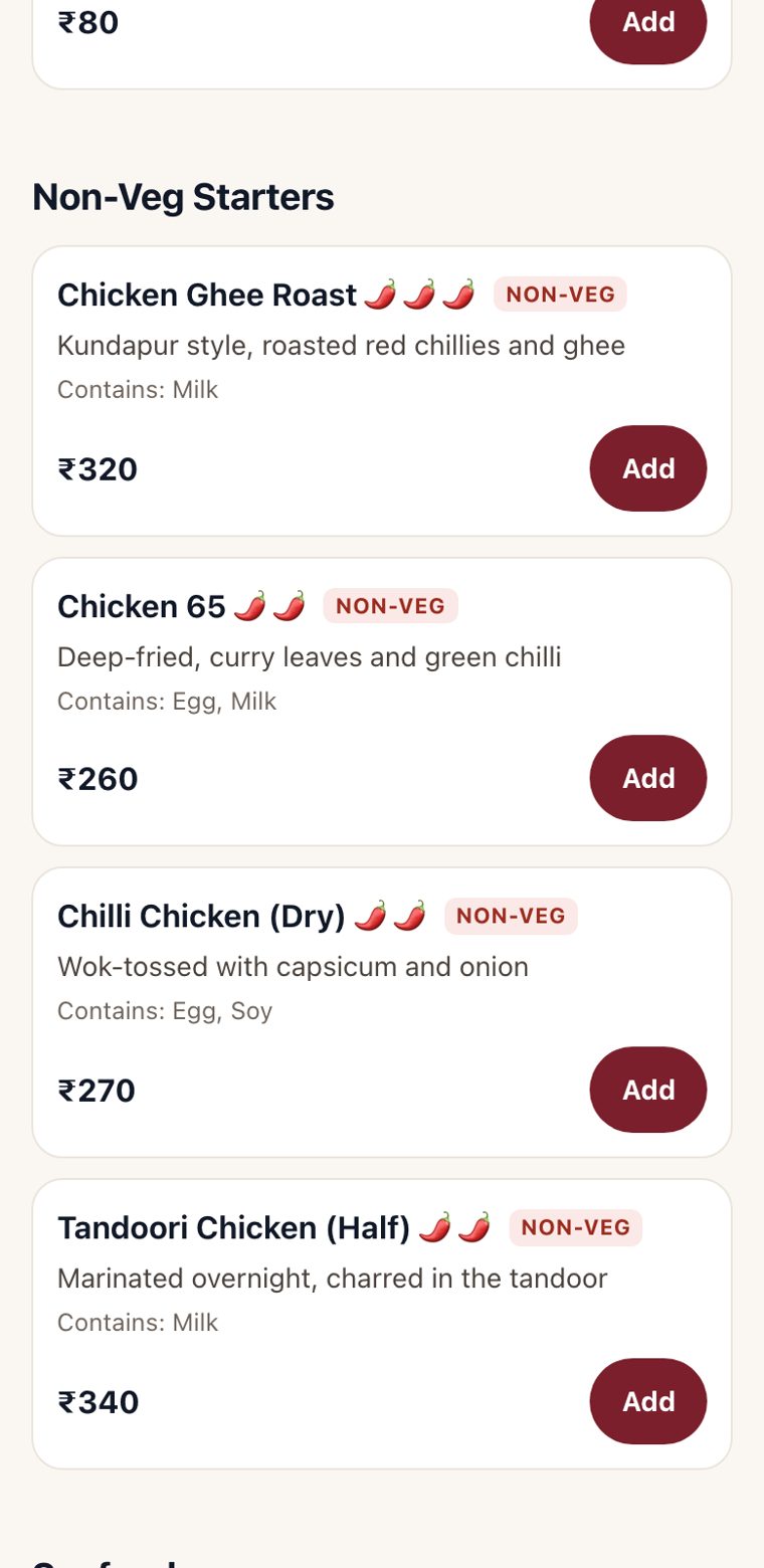 Guest menu on a phone, with veg and non-veg marks